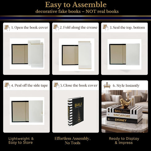 Set 3 Decorative Books for Home Decor - Black and Gold Foiled Decor Books for Coffee Table - Decorative Hardcover