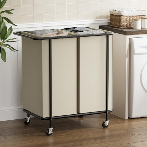 Wheels,200L 2 Chrislley Double Laundry Hamper with Rolling Laundry Basket Section with Lid,Steel Frame Laundry Cart