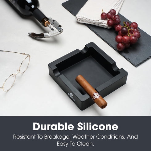 Pardo Cigar Unbreakable Ashtray for Outdoors - Large Ring Gauge, Square Matte Black, 4 Holder Design, 6x6x1.5 inches