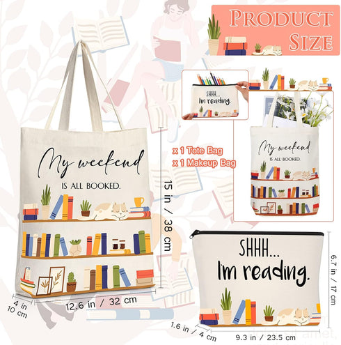 Sieral 2 Pcs Book Lovers Gifts Bookshelf Tote Bag Makeup Reading Canvas Bag Reusable Book Tote Bag Cosmetic Pencil