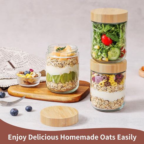 16 Oz 4 Pack DRKIO Overnight Oats Containers with Bamboo Lids - Glass Storage Jars with Airtight Lids Wide Mouth Mason