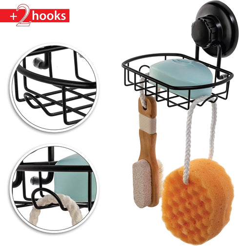 Suction Soap Dish with Hooks - Rustproof Stainless Steel SS304 Shower Soap Holder - Powerful Vacuum Suction Cup Sponge