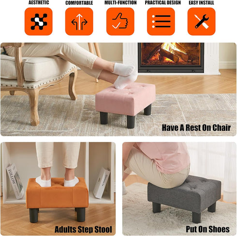 Stylish Orange Velvet Small Footstool with Sturdy Legs - Perfect for Living Rooms