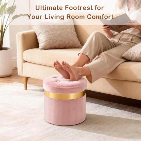 Room13x13x12.4(Pink,1pcs) xuperbonus Small Ottoman with Storage,Folding Round Ottoman with Gold Trim,Velvet Storage
