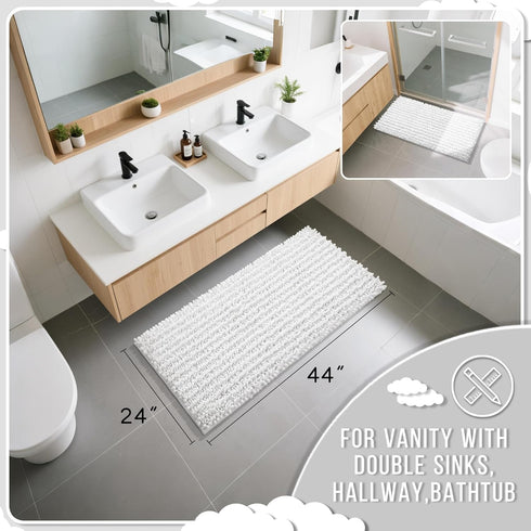 Yimobra Long Bathroom Rugs Non Slip Washable 44x24 Inch - Ultra Soft Absorbent Chenille Bath Mat for Tub Shower, White