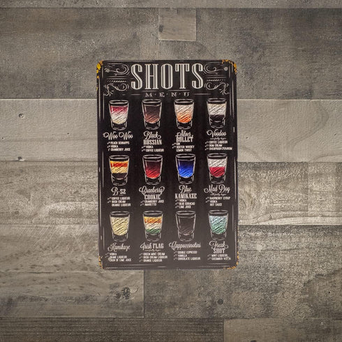 TG,LLC Treasure Gurus 8x12 Metal Retro Classic Alcohol Liquor Shots Menu Wall Sign, Home Bar Decor