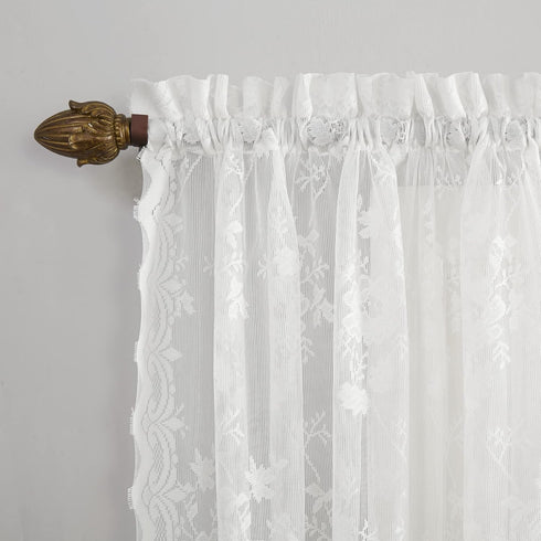 No. 918 Alison Floral Lace Sheer Rod Pocket Kitchen Curtain Tier Pair - 58" x 36", White
