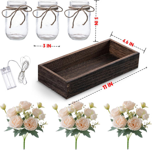 3 Summer LUEUR Mason Jar Lights Centerpiece with Farmhouse Wood Tray Jars with Champagne Peony Spring Flowers, Spring