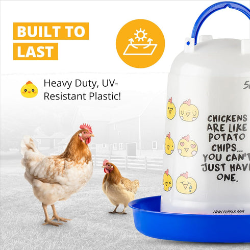 5L, Stromberg's Poultry Drinker Blue Chicken Emoji Poultry Waterer, Heavy Duty UV-Resistant Plastic, Easy to Fill