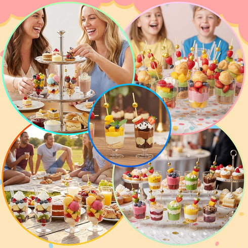 220 4 oz Pcs Mini Dessert Cups with Spoons and Bamboo Skewers, Round Clear Plastic Parfait Shooter Cups for Parties