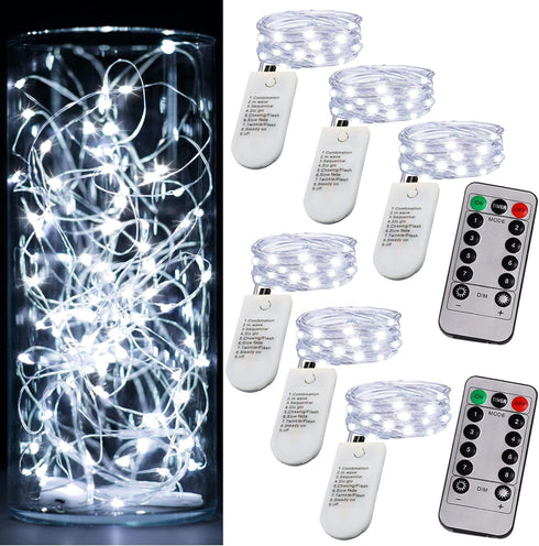 6 Pack Battery Operated Fairy Lights - Mini String Lights with Timer, 2 Remote, 20LED Cool White, Waterproof