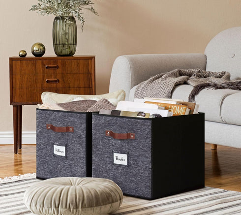 DECOMOMO Storage Baskets 13x15x13 - Storage Cube Bins with Label Holders for Organizing Shelves, 4pcs, Black Pattern