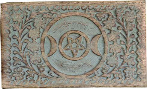 DharmaObjects Large Triple Moon Hand Carved Jewelry Trinket Keepsake Wooden Storage Box, Turquoise