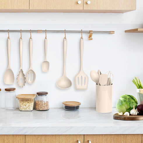 LIANYU 14 Pcs Kitchen Utensils Set with Holder, Heat Resistant Silicone Cooking Tools, Khaki