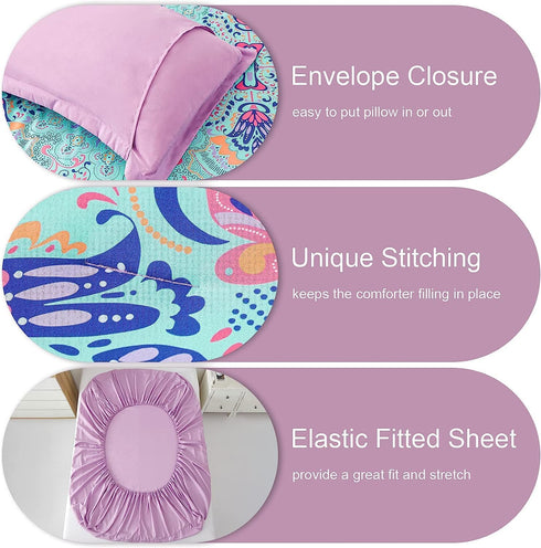 Set, 5 Set DHSFKBE Twin Comforter Piece Bed in a Bag, Boho Aqua and Lilac Damask Medallion Print Comforter with Sheets