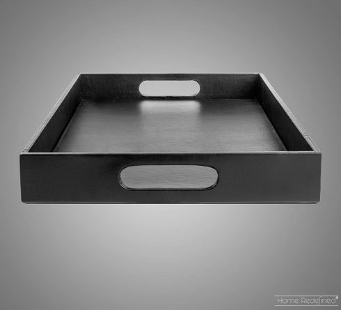 17.5"x12" Home Redefined Beautiful Modern Elegant Rectangle Classic Black Faux Leather Decorative Tray Ottoman Coffee