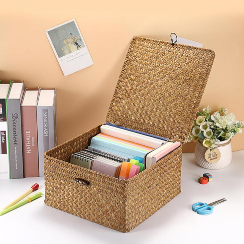 Hipiwe Handwoven Seagrass Basket Bin Square Household Storage Container with Lid Wicker Shelf Basket Bin for Bookshelf