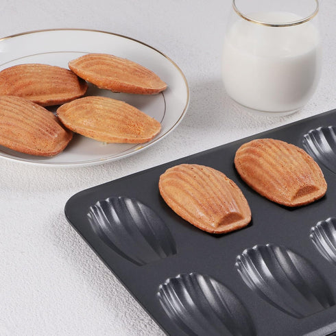 HONGBAKE Nonstick Madeleine Pan, 2 Pack 12-Cavity Heavy Duty Shell Shape Cake Pan for Oven Baking, Space Grey
