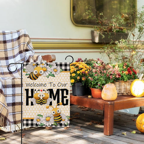 Welcome to Our Home Bumble Bee Decorative Garden Flag, Spring Summer Daisy Buffalo Plaid Outdoor Decor 12×18