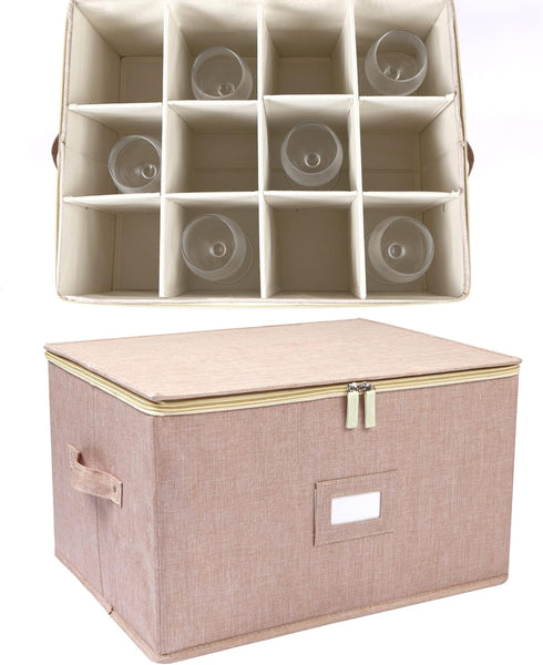 Beige popoly Wine Glass Storage Box, Stackable Stemware Containers with Dividers for 12 Glasses, Drinkware Cases