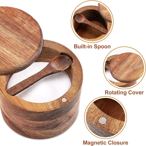Acacia Wood Salt and Pepper Bowl, Nature Wood Salt Cellar and Spices Storage Box With Built-in Spoon and Magnetic Swivel Lid (Single Compartment)