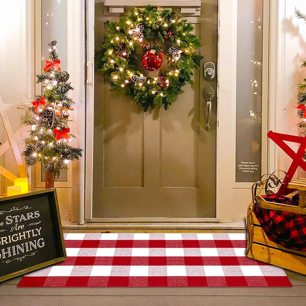 Christmas Red and White Plaid Rug - 24 x 51 Inches Outdoor