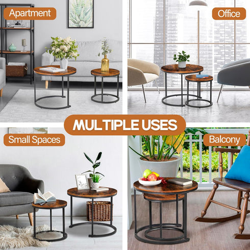 Set 2, 23.6inch ZENY Nesting Coffee Table of Round Coffee Table Wood Grain Top with Sturdy Metal Frame, Industrial End