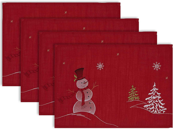 DII Christmas Kitchen Embroidered Table Décor Collection, Snowman Placemat Set, 13x19, Red, 4 Piece