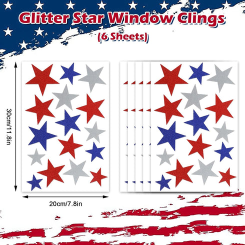 Whaline 96Pcs Glitter Stars Window Clings, Patriotic Blue Red White Stickers for 4th of July Party Supplies