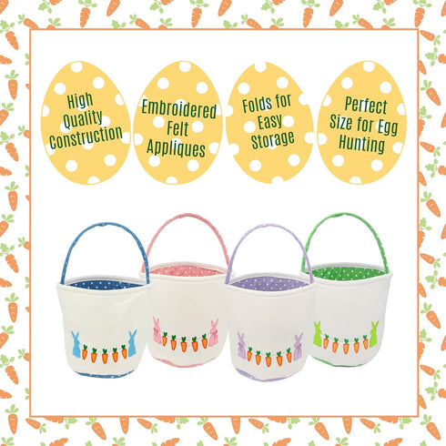 9 Inch Easter Basket, White Canvas with Bunny and Carrot Design, Diameter, Polka Dot Liner, Foldable Handle, for Egg