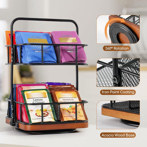 2 8 360 Countertop 100+ Rotating Tea Bag Organizer Tier Basket Spinning Teabag Holder Organizer, Acacia Wood Iron Tea
