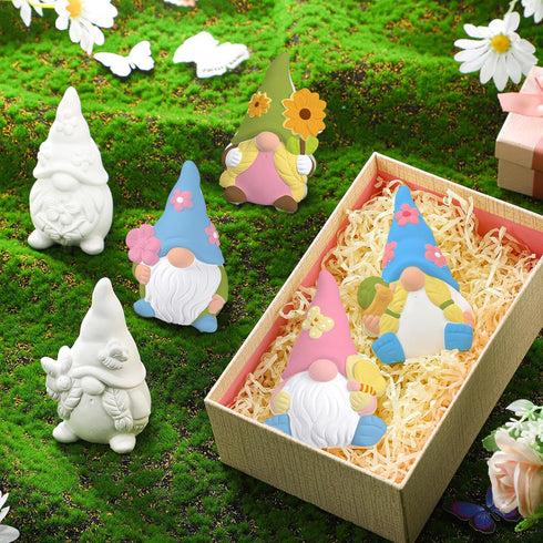 Poen 6 Sets Ready to Paint Your Own Ceramic Gnome Statues Spring DIY Unpainted Ceramics Gnome Figurines Kit Spring