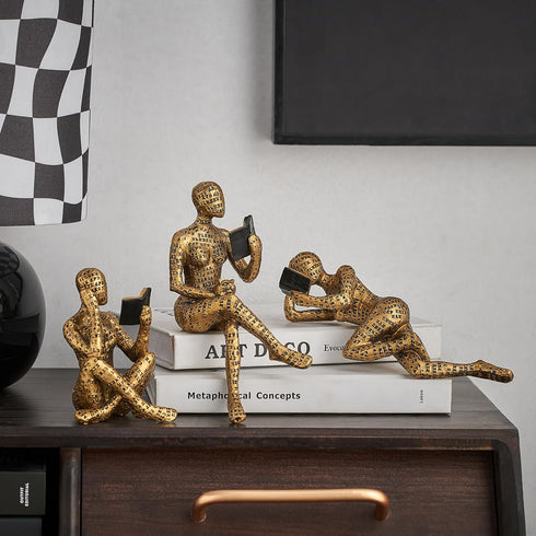 3Pcs FJS Gold Thinker Statues Home Decor Accents, Pulp Reading Women Figurine Decorations for Living Room, Modern