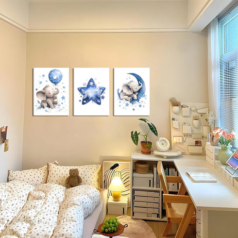 Set 3, 12x16 Baby Boy Nursery Canvas Wall Art of Blue Elephant Moon and Stars Picture Wall Decor Painting, Cute Animal
