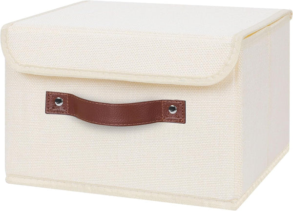 ANMINY Storage Bin with Lid, Decorative Foldable Lidded Cotton Linen Fabric Home Organizer - Beige, Small Size