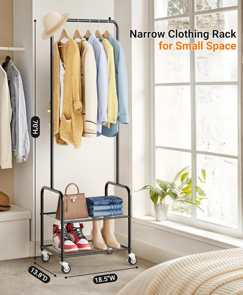 AOODA Small Clothes Rack with Shelves, Metal Sturdy Rolling Clothing Racks for Hanging Clothes, Portable Garment Rack