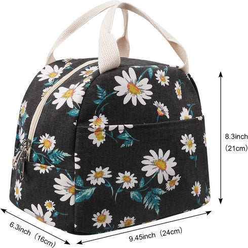 EurCross Women's Lunch Bags for Work, Chic Floral Daisy Pattern Canvas Insulated Black Lunch Tote Bag Carrier