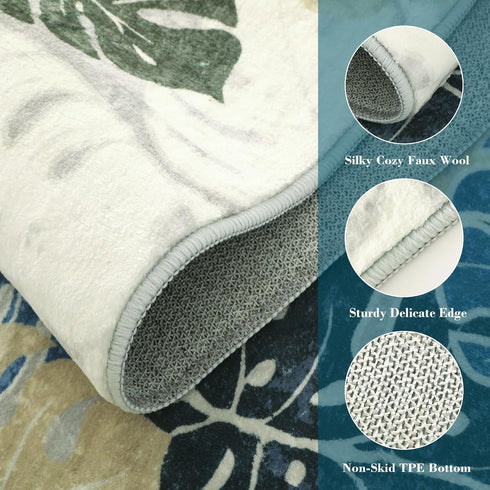 2x3 Wonnitar Kitchen Sink Rug, Machine Washable Blue Bathroom Leaf Rugs, Monstera Coastal Non-Skid Bedside Accent Mat