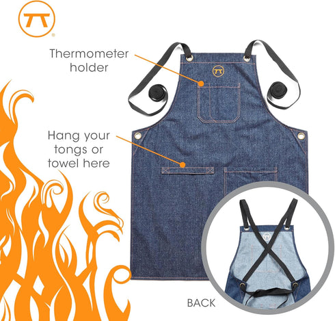 Outset Cross Back Blue Denim Grill and Kitchen Apron with Pockets, 27" x 30"