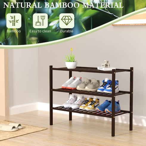ROMGUAR CRAFT 3 Closet 27"x11"x20" Tier Bamboo Shoe Rack for Free Standing Wood Shoe Shelf for Entryway Small Space