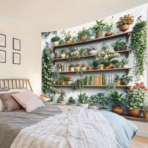59x51 Inch EOBTAIN Green Plant Wall Tapestry Cactus and Floral Potting on Bookshelf Tapestries Wall Hanging Botanical