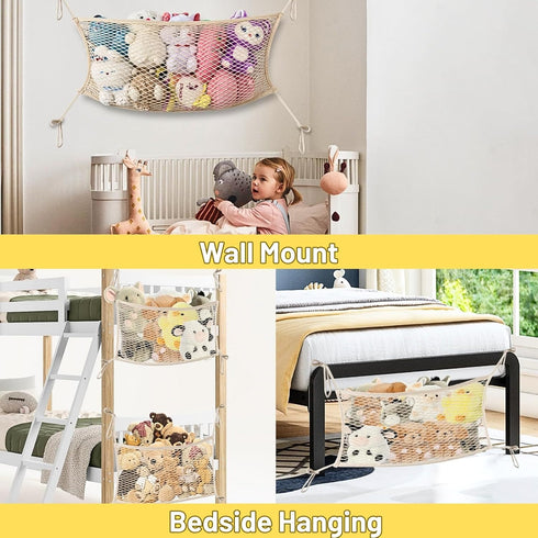 Stuffed Animal Storage Net for Kids, Bedside Organizer Net for Neatly Storing Stuffed Animals, Beige Cotton