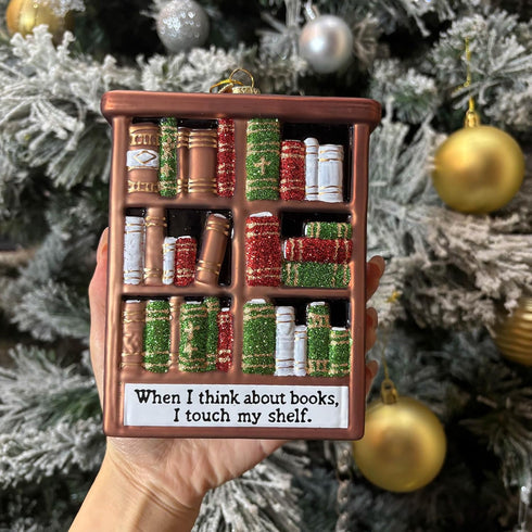 HolyHaHa 5" When I Think About Books, I Touch My Shelf, Funny Glass Blown Bookshelf Ornament, Gag Gifts for Readers
