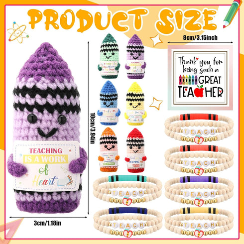 6 Set Teacher Appreciation Gifts Crayon Crochet Dolls with Thank You Teacher Bracelet Presents for Graduation End