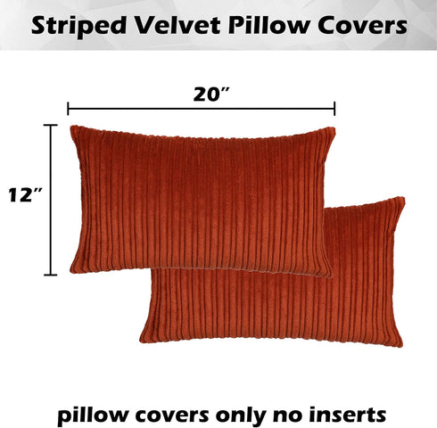 Kevin Textile Fall Lumbar Pillow Covers, Solid Striped Velvet Corduroy Cushion Cover, 12 x 20, 2 Pack, Burnt Brick