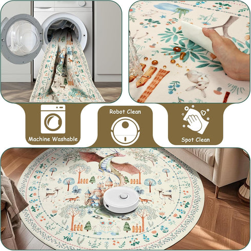 5Ft nesrt Washable Area Rugs Round for Living Room Non Slip, Beige Dragon Forest Circle Dining Room Rugs Low Pile, Soft