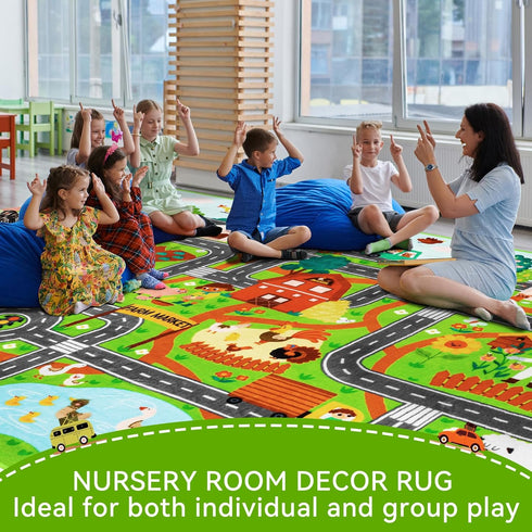 Mfmiudole 39.4" 59" Tummy Kids Rug Play Mat for Toy Cars, Farm Life Road Traffic for Playroom Kids Car Road Rugs