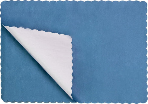 Fit Meal Prep 100 Pack Disposable Paper Placemats, 14 x 10 Inch Blue with Wavy Scalloped Edge for Restaurant Catering