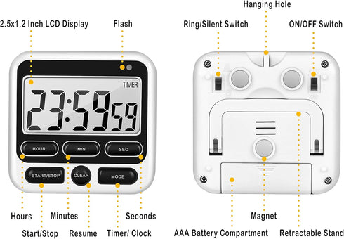 KTKUDY Digital Kitchen Timer with Mute/Loud Alarm, 24 Hour Clock & Memory Function, Large LCD Display (Black)