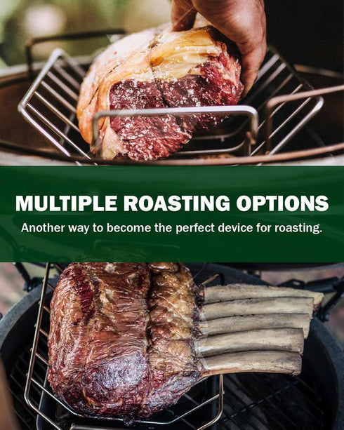 BONPAZ 18" Rib and Roast Rack for Big Green Egg, Turkey Roasting Rack for Grilling and Smoking - Stainless Steel Pan